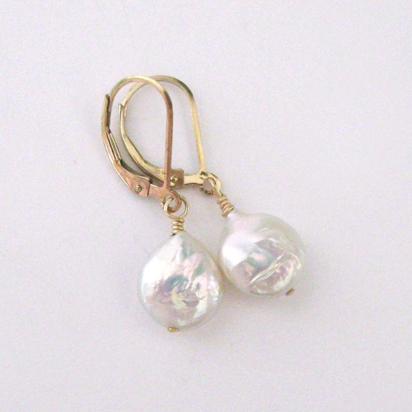 White Cream Baroque Coin Pearl Goldfilled Leverback Earrings, Freshwater Pearls with Pastel Iridescence