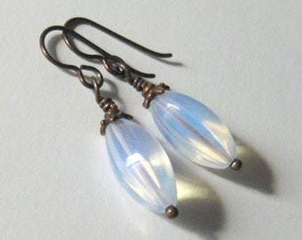 Opalite Glass Lily Bud Earrings, Faceted Tapered Long Oval Beads with Hypoallergenic Niobium Hooks