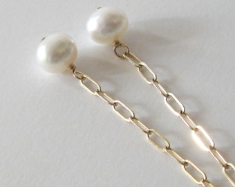 White Freshwater Pearl Paperclip Chain Goldfilled Earrings with Ear Wire Options