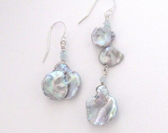 Iridescent Silver Large Keshi Petal Pearl Asymmetric Earrings, with Aquamarine Gemstone, 925 Sterling Ear Wire Options