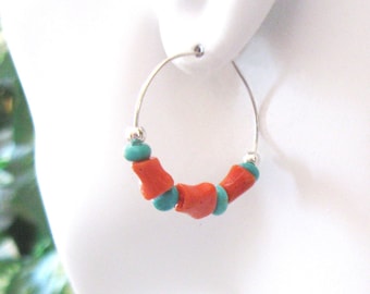 Turquoise and Coral Sterling Silver Hoop Earrings, Blue Gemstone and Repurposed Vintage Branch Coral