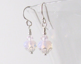 Pink Opal Glass Crystal Earrings, Sterling Silver Hooks, Posts or Leverbacks 925 Ear Wire Options