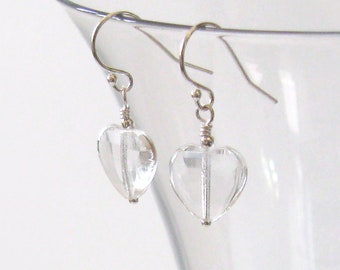 Crystal Heart Earrings in Sterling Silver, Clear Glass, 925 Ear Wire Options