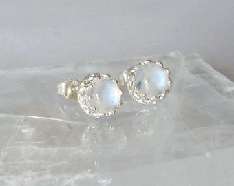 Rainbow Moonstone Gemstone Studs, Sterling Silver Filigree Post Earrings, 6mm Cabochons, White with Blue Flash