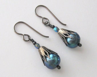 Blue Green Baroque Freshwater Pearl Earrings, Hypoallergenic Niobium Hooks, Mermaid Earrings