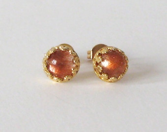 Sunstone Gemstone Studs, Gold Vermeil over 925 Sterling, 6mm Chatoyant Orange Cabochons Filigree Setting Post Earrings