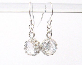 Quartz Crystal Faceted Cabochon Drop Earrings, Clear Gemstone Sterling Silver Filigree Setting, 925 Ear Wire Options