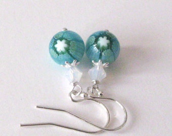 Aqua Millefiori Art Glass Bead Sterling Silver Earrings, 925 Ear Wire Options