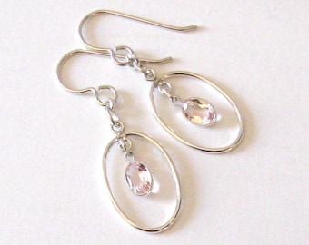 Morganite Oval Gemstone Sterling Silver Dangling Earrings, 6x4mm Faceted Pink Peach Stones, 925 Ear Wire Options