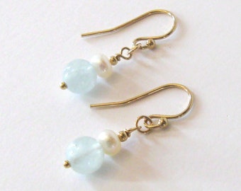 Aquamarine Gemstone and Freshwater Pearl Goldfilled Earrings, Ear Wire Options, March Birthstone
