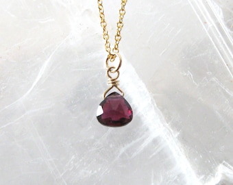 Berry Garnet Pendant, Rhodolite Gemstone Faceted Teardrop, Dainty Layering Goldfilled Necklace