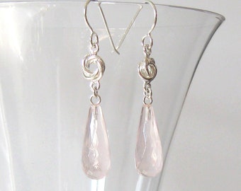 Rose Quartz Gemstone Earrings, Half Drilled Faceted Teardrops, Sterling Silver Love Knot Links, 925 Ear Wire Options