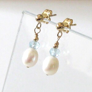 Pearl and Aquamarine Drop Earrings, Goldfilled Studs, Small White Freshwater Pearls, Pastel Blue Gemstones image 4