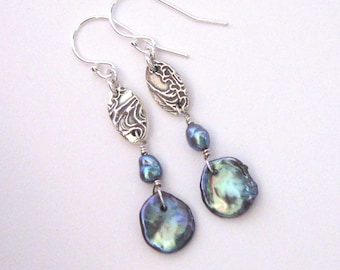 Keshi Petal Pearl Dangling Earrings, Ocean Fine Silver 999FS Connectors and Sterling Silver Ear Wire Options