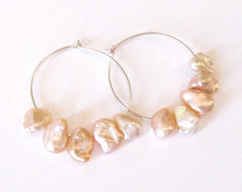 Keshi Pearl Hoops in Sterling Silver, One of a Kind Natural Peach Freshwater Pearl Earrings, June Birthstone