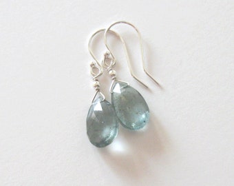 Moss Aquamarine Faceted Teardrop Sterling Silver Earrings, Natural Teal Blue Green Gemstone, 925 Ear Wire Options, March Birthstone