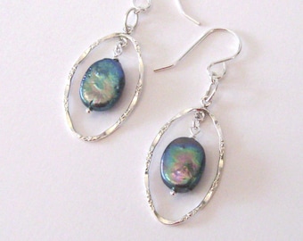 Baroque Oval Coin Pearl Sterling Silver Earrings, Choose 925 Ear Wire Options, Blue with Multi Color Iridescence, Silver Dangling Hoops