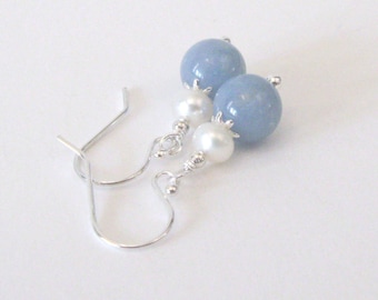 Angelite and White Pearl Sterling Silver Earrings, 8mm Blue Gemstones, Guardian Angel Stone, 925 Ear Wire Options