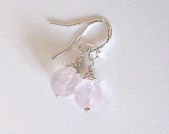 Rose Quartz Gemstone Earrings, Sterling Silver, Faceted A Grade 8.5mm Pale Pink Stone Drops, 925 Ear Wire Options