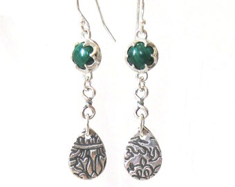 Malachite and Fine Silver 999FS Floral Dangle One of a Kind Earrings, Green Gemstone, 925 Sterling Silver Ear Wire Options