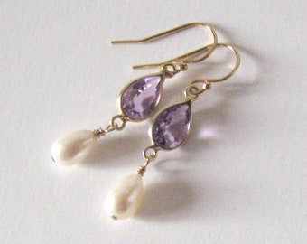 Amethyst Gemstone Teardrop Goldfilled Earrings, Freshwater Pearl Drop, Ear Wire Options