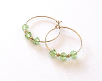 Peridot Gemstone Gold Filled Hoop Earrings, Small Hoops 20mm with Faceted Sunny Green Gems, August Birthstone
