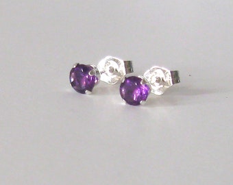 Amethyst Sterling Silver Studs, 4mm Purple Gemstone Post Earrings, February Birthstone