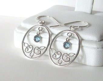 Blue Topaz Filigree Drop Earrings, Sterling Silver, Swiss Blue 4mm Gemstones, 925 Ear Wire Options, December Birthstone