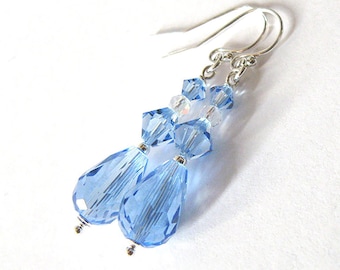 Pastel Blue Crystal Drop Earrings, Sterling Silver and Light Sapphire Swarovski Crystal, 925 Ear Wire Options