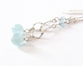 Aquamarine Gemstone Earrings Sterling Silver Spiral Twist Dangle, Linear Earrings, 925 Ear Wire Options, March Birthstone, Pastel Blue