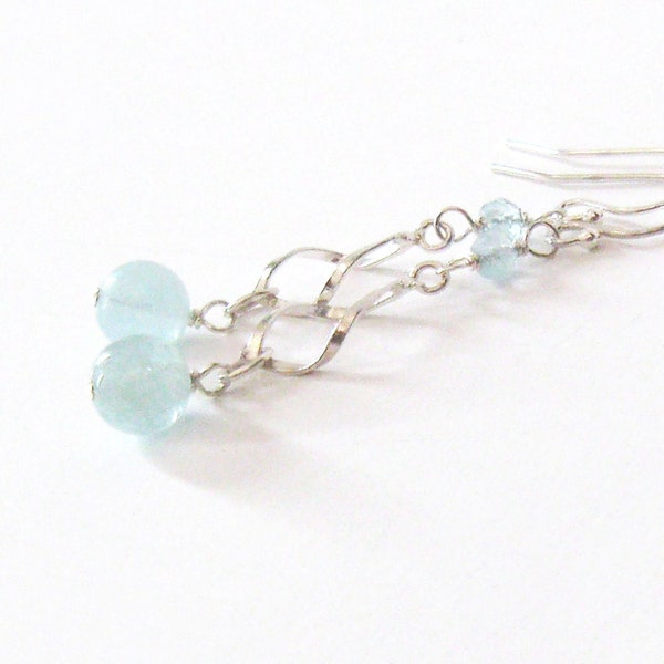 Aquamarine Gemstone Earrings Sterling Silver Spiral Twist Dangle, Linear Earrings, 925 Ear Wire Options, March Birthstone, Pastel Blue