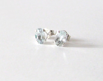Aquamarine Gemstone Studs, Faceted Oval 6x4mm Pale Blue Stones, Sterling Silver Post Earrings, March Birthstone