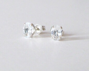 White Topaz Gemstone Studs, Oval 6x4mm Faceted Clear Stones, 925 Sterling Silver Post Earrings
