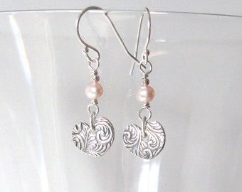 Hearts in Fine Silver (FS999) with Pink Freshwater Pearls, Petite Sterling Earrings, 925 Ear Wire Options