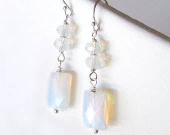 Opalite Art Glass Sterling Silver Earrings, Faceted Rectangles, Translucent Milky White and Blue with Fire, Choose 925 Ear Wire Option