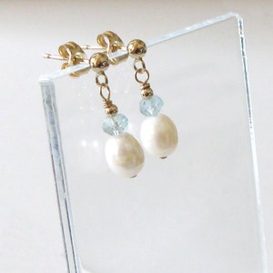 Pearl and Aquamarine Drop Earrings, Goldfilled Studs, Small White Freshwater Pearls, Pastel Blue Gemstones image 1