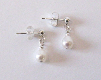 Small White Freshwater Pearl Teardrop Sterling Silver Studs, Post Earrings