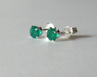 Green Onyx Gemstone Studs, 4mm Emerald Green Stones, 925 Sterling Silver Post Earrings