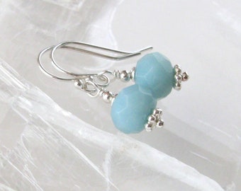 Amazonite Drop Earrings in Sterling Silver, Pastel Aqua Blue Faceted Gemstones, 925 Ear Wire Options