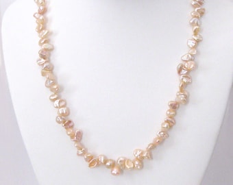 Peach Keshi Pearl Necklace in Sterling Silver, Peaches and Cream Natural Freshwater Pearls, Adjustable Length