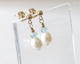 Pearl and Aquamarine Drop Earrings, Goldfilled  Studs, Small White Freshwater Pearls, Pastel Blue Gemstones