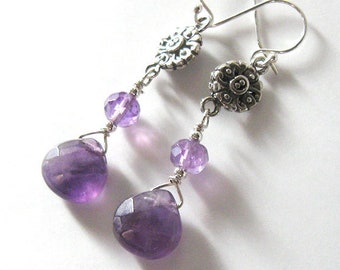 Amethyst Gemstone Drop Earrings in Sterling Silver, Ear Wire Options in 925 or Niobium Hooks