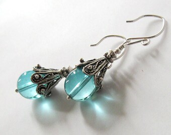 Aqua Blue Glass Bead Earrings Oxidized Silver Filigree Tops, Sterling Silver Hooks, Boho Earrings