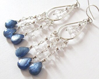 Blue Kyanite Sterling Silver Chandelier Earrings, with Goshenite Beryl,  Rain Drops, Ear Wire Options