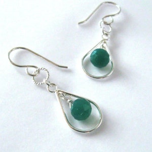 Emerald Green Onyx Gemstone Earrings Sterling Silver Open Tear Drop, 925 Ear Wire Options image 7