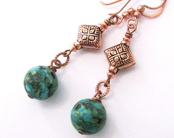 Mosaic Turquoise Boho Earrings, Artisan Copper Beads and Hooks, Long Length, Ear Wire Options