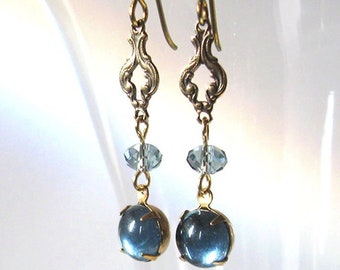 Montana Blue Art Glass Earrings, Vintage Cabochons, Victorian Style