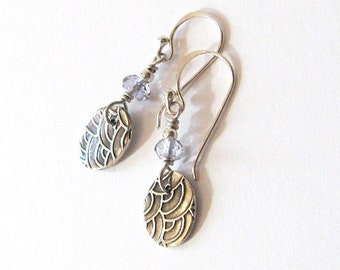 Mermaid Earrings, Fine Silver 999FS Scale Pattern, Faceted Blue Iolite Gemstone, Petite Length with Sterling Ear Wire Options