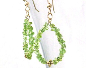 Peridot Gemstone Hoop Earrings Goldfilled, Spring Green Tiny Stone Nuggets, Teardrop Dangles, August Birthstone, Ear Wire Options