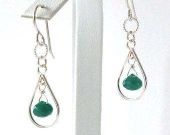 Emerald Green Onyx Gemstone Earrings Sterling Silver Open Tear Drop, 925 Ear Wire Options